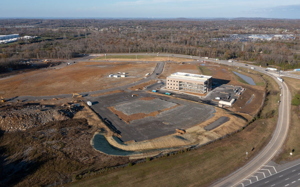 closer aerial view of building